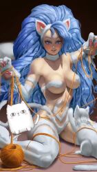 Rule 34 | 1girl, animal ears, animal hands, blue eyes, blue hair, breasts, cat, cat ears, cat tail, darkstalkers, duffpappy, felicia (darkstalkers), highres, large breasts, lips, long hair, tail, very long hair, white fur, yarn, yarn ball