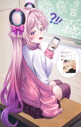 !? 1girl absurdres aether_(genshin_impact) blue_eyes blush bow breasts chalkboard citlali_(genshin_impact) citlalin_(genshin_impact) commentary_request facial_mark floating_headgear forehead_mark genshin_impact gradient_hair headgear highres holding holding_phone iktomisaurus_(genshin_impact) indoors large_breasts long_hair looking_at_viewer multicolored_hair open_mouth paimon_(genshin_impact) phone pink_bow pink_hair pink_sweater pleated_skirt purple_hair purple_skirt purple_thighhighs rang_g_c shirt single_off_shoulder sitting skirt small_sweatdrop solo sweater tepetlisaurus_(genshin_impact) thighhighs triangle triangle_facial_mark very_long_hair white_shirt