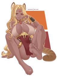 Rule 34 | 1girl, absurdres, afk (series), afk arena, animal ears, antandra (afk), barefoot, blonde hair, breasts, circlet, commentary, dark-skinned female, dark skin, english commentary, gold circlet, highres, jewelry, large breasts, long hair, looking at viewer, melowh, neck ring, parted bangs, patreon username, red loincloth, sitting, smile, soles, solo, tail, toes, white background, yellow eyes