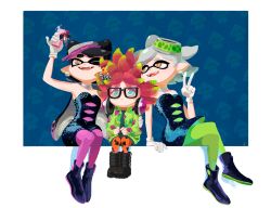 +_+ +_- 3girls animal_print annie_(splatoon) aqua_eyes bad_id bad_pixiv_id black-framed_eyewear black_dress black_hair boots callie_(splatoon) callie_(squid_sisters_outfit)_(splatoon) cellphone clownfish detached_collar dress earrings eyeshadow fangs fish food food_on_head glasses green_legwear hair_ornament headphones headphones_around_neck inkling jewelry long_hair makeup marie_(splatoon) marie_(squid_sisters_outfit)_(splatoon) mole mole_under_eye multiple_girls nintendo object_on_head one_eye_closed orange_legwear pantyhose phone purple_legwear red_hair red_pupils selfie short_hair short_jumpsuit silver_hair sitting smile sophie_(693432) splatoon_(series) splatoon_1 squid squid_print star_(symbol) star_hair_ornament tentacle_hair tropical_fish v