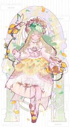Rule 34 | 1girl, antique phone, bare shoulders, blonde hair, blunt bangs, brown shoes, bug, butterfly, circlet, closed eyes, collar, colored inner hair, detached collar, detached sleeves, dress, earrings, floating, floating object, flower, frilled collar, frilled dress, frilled sleeves, frills, full body, green hair, hair flower, hair ornament, halo, halo behind head, happy, high collar, high heels, highres, holding, holding phone, infinity nikki, insect, jewelry, long hair, long sleeves, medium dress, mizemengs, multicolored hair, multicolored shoes, nikki (series), pantyhose, petals, phone, pillar, puffy long sleeves, puffy sleeves, rose, sample watermark, see-through clothes, see-through pantyhose, see-through sleeves, shoes, solo, sparkle, standing, strapless, strapless dress, tachi-e, thorns, too many watermarks, two-tone dress, two-tone shoes, very long hair, watermark, watermark grid, wavy hair, white background, white collar, white dress, white pantyhose, white sleeves, wishful aurosa (infinity nikki), yellow dress, yellow flower, yellow halo, yellow rose, yellow shoes