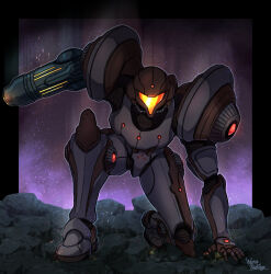 1girl arm_cannon armor artist_name assault_visor commentary dark_suit_(metroid) kneeling metroid metroid_prime_2:_echoes nintendo orange_visor power_suit power_suit_(metroid) samus_aran science_fiction shoulder_armor signature solo visor_(armor) wakaba_(wata_ridley) weapon