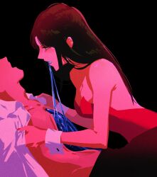 1girl 1other abs blood blue_blood body_horror brown_hair cannibalism clenched_teeth clothes_grab collared_shirt eating exposed_muscle from_side head_tilt highres holding_another&#039;s_waist injury intestines leaning_back leotard looking_at_another medium_hair organs original par0llel red_leotard shirt sidelocks teeth unbuttoned unbuttoned_shirt white_shirt wrist_cuffs
