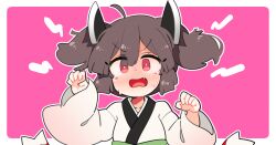1girl ahoge blush border brown_hair fang hands_up headgear ini_(inunabe00) japanese_clothes kimono long_sleeves looking_at_viewer obi open_mouth outline outside_border pink_background red_eyes sash short_hair simple_background solo sweat touhoku_kiritan upper_body v-shaped_eyebrows voiceroid wavy_mouth white_border white_kimono white_outline wide_sleeves