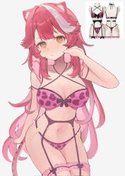 1girl animal_ears animal_print black_garter_belt black_garter_straps black_straps blush bra breasts cleavage closed_mouth collarbone commentary criss-cross_halter english_commentary frilled_thigh_strap garter_belt garter_straps hair_intakes halterneck highres hololive hololive_english large_breasts leopard_print leopard_print_bra leopard_print_panties long_hair looking_at_viewer multicolored_hair navel panther_ears panther_girl panther_tail panties pink_bra pink_hair pink_panties raora_panthera reference_inset simple_background solo stomach streaked_hair sweat szuukie tail thigh_strap thighs two-tone_hair underwear virtual_youtuber white_background white_hair yellow_eyes