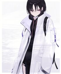 14yuruis 1girl absurdres bag bandaged_neck bandages black_bag black_hair black_hoodie black_mask black_pants blue_archive closed_mouth ear_piercing hair_between_eyes highres holding holding_bag hood hoodie jacket looking_to_the_side misaki_(blue_archive) pants piercing short_hair smile solo white_jacket