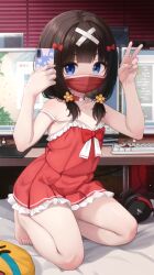 1girl absurdres bandaid bandaid_hair_ornament bare_legs barefoot black_hair blue_eyes bow breasts cellphone commentary comodox crying_emoji dress emoji english_commentary flower frilled_dress frills full_body hair_bow hair_flower hair_ornament highres holding holding_phone indoors looking_at_viewer low_twintails mask mouth_mask orange_flower original paid_reward_available phone red_bow red_dress selfie sheryn_(comodox) short_dress small_breasts smartphone solo strap_slip toes twintails v variant_set