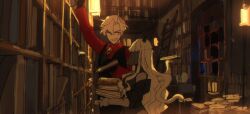 1boy 1girl book book_stack bookshelf dust_girl highres ladder library original red_shirt shirt white_hair