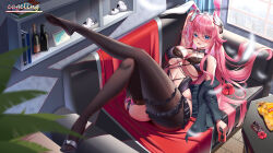 absurdres animal_ears black_bra black_jacket black_pantyhose black_thighhighs blue_eyes book bottle bra breasts chips_(food) couch drink fake_animal_ears flower food highres holding holding_drink indie_virtual_youtuber indoors jacket large_breasts leotard looking_at_viewer on_couch open_clothes open_jacket pantyhose picture_frame pink_hair plant playboy_bunny potted_plant rabbit_ears red_flower sakurada_hane thighhighs thighs underwear virtual_youtuber yue_huang_qing_vassago