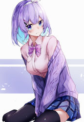1girl absurdres black_thighhighs blue_eyes blue_hair blue_skirt blush bow bowtie breasts cardigan colored_inner_hair commentary foot_out_of_frame hair_ornament hairclip headband highres looking_at_viewer medium_breasts multicolored_hair nanashinayuzu_mochi nijisanji nijisanji_kr no_shoes nun_bora nun_bora_(2nd_costume) plaid_clothes plaid_skirt pleated_skirt purple_background purple_bow purple_bowtie purple_cardigan purple_hair shirt short_hair simple_background sitting skirt solo striped_background thighhighs unsure virtual_youtuber white_background white_headband white_shirt