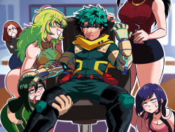 1boy 5girls asui_tsuyu audio_jack black_choker black_hair bodysuit boku_no_hero_academia breasts brown_hair choker cleavage freckles frog_girl green_bodysuit green_eyes green_hair green_jumpsuit hagakure_toru highres jewelry jiro_kyoka jumpsuit long_earlobes long_hair midoriya_izuku multiple_girls necklace pink_shirt pink_streaks purple_hair red_sweater scarf shirt sitting sleeveless sleeveless_sweater superhero_costume sweatdrop sweater tina_fate uraraka_ochaco yaoyorozu_momo yellow_scarf