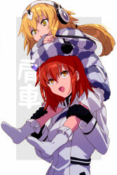 2girls ahoge black_gloves blonde_hair breasts echo_(circa) fate/grand_order fate_(series) fujimaru_ritsuka_(female) fujimaru_ritsuka_(female)_(decisive_battle_chaldea_uniform) gloves grey_sweater headphones jacket jeanne_d&#039;arc_(fate) long_hair long_sleeves low_twintails medium_breasts metatron_jeanne_(fate) metatron_jeanne_(second_ascension)_(fate) multiple_girls open_mouth orange_eyes orange_hair short_hair smile socks striped_clothes striped_sweater sweater translation_request twintails white_jacket white_socks yellow_eyes