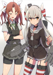 Rule 34 | 2girls, ahoge, amatsukaze (kancolle), bike shorts, black gloves, blush, breasts, closed eyes, comala (komma la), dress, fingerless gloves, garter straps, gloves, hair ribbon, hair tubes, highres, index finger raised, kagerou (kancolle), kantai collection, long hair, long sleeves, multiple girls, open mouth, orange hair, original remodel (kantai collection), pleated skirt, red legwear, ribbon, sailor collar, sailor dress, school uniform, shirt, short sleeves, shorts, shorts under skirt, silver hair, skirt, small breasts, thighhighs, twintails, two side up, vest, white shirt