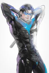 1boy arms_behind_head bara batman_(series) baton_(weapon) black_bodysuit black_hair blue_bodysuit bodysuit dc_comics dick_grayson highres koumikoumi69 large_pectorals male_focus muscular muscular_male nightwing pectorals short_hair simple_background solo superhero_costume two-tone_bodysuit weapon weapon_on_back white_background
