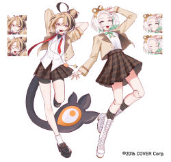 2girls :d ahoge alternate_costume alternate_hairstyle arms_behind_head bike_shorts bike_shorts_under_skirt black_shoes black_socks black_undershirt blazer blonde_hair boots brown_hair brown_jacket brown_skirt cecilia_immergreen collared_shirt colored_inner_hair commentary copyright_notice doll doll_joints earphones english_commentary full_body gigi_murin green_eyes green_hair green_ribbon grey_hair hair_bun hair_ornament hololive hololive_english jacket joints lace-up_boots lapels miniskirt multicolored_hair multiple_expressions multiple_girls neck_ribbon necktie notched_lapels official_art okyurita open_mouth pink_eyes plaid_clothes plaid_skirt platform_boots pleated_skirt red_necktie ribbon school_uniform shirt shirt_tucked_in shoes short_hair simple_background single_hair_bun skirt sleeves_rolled_up smile socks tail teeth two-tone_hair undone_necktie upper_teeth_only virtual_youtuber white_background white_boots white_shirt white_socks winding_key