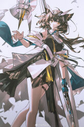 1girl absurdres arknights armpits black_dress blue_gloves bracelet bright_pupils brown_hair chinese_commentary coat commentary_request dress drone feather_hair frown gloves gradient_background grey_background highres holding holding_weapon id_card jewelry libuqilai looking_at_viewer owl_ears owl_girl ponytail rhine_lab_logo silence_(arknights) silence_the_paradigmatic_(arknights) simple_background solo thighhighs watermark weapon weibo_watermark weibo_watermark white_coat white_pupils white_thighhighs yellow_eyes