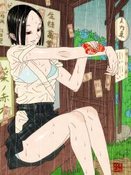 1girl absurdres black_hair blue_bra blue_panties bra brown_eyes bus_stop eyeshadow feet_out_of_frame fine_art_parody flower forehead full_body grass highres hydrangea inkan japanese_clothes japanese_text kimono makeup nihonga open_clothes open_kimono original panties parody parted_bangs parted_lips rain red_eyeshadow see-through_clothes see-through_shirt sei5osuzuki short_hair short_sleeves sitting skirt thighs underwear water_drop wiping