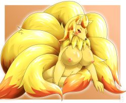 1girl artist_request blonde_hair breasts creatures_(company) female_focus furry furry_female game_freak gen_1_pokemon highres multicolored_hair ninetales nintendo nipples nude pokemon pokemon_(creature) red_eyes red_hair smile solo two-tone_hair
