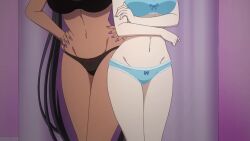 1boy 2girls animated anime_screenshot arms_under_breasts ass back black_bra black_hair black_panties blonde_hair blue_bra blue_jacket blue_panties blush bouncing_breasts bra bra_lift breasts chotto_dake_ai_ga_omoi_dark_elf_ga_isekai_kara_oikakete_kita closed_eyes colored_inner_hair covering_another&#039;s_breasts covering_own_eyes dark-skinned_female dark_elf dark_skin elf gradient_hair green_eyes groin hair_between_eyes hands_on_own_hips highres huge_ass jacket lifting_own_clothes lips long_hair mariabelle_(chotto_dake_ai_ga_omoi_dark_elf_ga_isekai_kara_oikakete_kita) mochida_sakura_(aiomodarkelf) multicolored_hair multiple_girls navel nipples orange_hair panties pointy_ears purple_hair slit_pupils sound stomach sunohara_hinata tagme two-tone_hair underwear video white_hair wide_hips yellow_eyes
