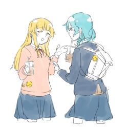 aqua_eyes aqua_hair bag bang_dream! blonde_hair blue_skirt blush bow bowtie bubble_tea drink hikawa_hina holding holding_drink open_mouth pink_sweater shirt skirt sweater tsurumaki_kokoro yellow_eyes zgok1uy8amciwae