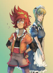 2girls bad_link beyblade beyblade_x black_tank_top blonde_hair blue_eyes breasts maid meiden_meiko multicolored_hair multiple_girls nekki_ai red_eyes red_hair short_hair tank_top