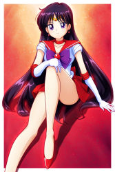 1girl bare_legs bishoujo_senshi_sailor_moon black_hair border choker circlet closed_mouth collarbone collared_shirt elbow_gloves gloves hand_on_own_knee high_heels highres hino_rei long_hair long_legs looking_at_viewer mimimix miniskirt outside_border pleated_skirt pumps purple_eyes red_background red_choker red_footwear red_sailor_collar red_skirt sailor_collar sailor_mars sailor_senshi_uniform sailor_shirt shirt sitting skirt smile solo very_long_hair white_border white_gloves white_shirt