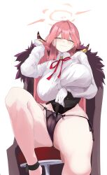 1girl absurdres arm_under_breasts aru_(blue_archive) black_panties blue_archive breasts brown_coat brown_horns cameltoe clothes_lift coat coat_on_shoulders curvy demon_horns fur-trimmed_coat fur_trim gloves half-closed_eyes halo highres horns huge_breasts knee_up lace lace_panties long_hair long_sleeves looking_at_viewer narrow_waist orange_halo panties pink_hair pink_halo s4ika seductive_smile seductress shirt side-tie_panties simple_background sitting skirt skirt_lift smile solo string_panties thick_thighs thighs unaligned_breasts underwear white_background white_gloves white_shirt
