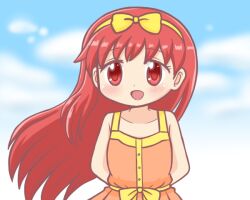 Rule 34 | 1girl, :d, arms behind back, bare shoulders, blue sky, blush, bow, cloud, collarbone, day, dress, fujisaki shiori, hair bow, hairband, long hair, looking at viewer, open mouth, outdoors, red eyes, red hair, reverse (bluefencer), sky, sleeveless, sleeveless dress, smile, solo, tokimeki memorial, tokimeki memorial 1, upper body, very long hair, yellow bow, yellow dress, yellow hairband
