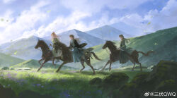 Rule 34 | 3boys, absurdres, black ribbon, black robe, blonde hair, blue hanfu, blue sky, chinese clothes, chinese commentary, cloud, commentary request, expressionless, floating clothes, floating hair, flower, forehead, full body, green eyes, green hanfu, hair ribbon, hanfu, happy, high ponytail, highres, holding, holding reins, horseback riding, leaf, light particles, long hair, looking at another, male focus, mountain, multiple boys, open mouth, original, ponytail, purple flower, reins, ribbon, riding, robe, rock, saddle, sanfu qwq, sky, smile, very long hair, watermark, weibo watermark, wide shot, wind