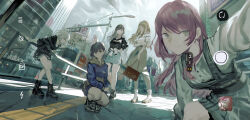 5girls absurdres bag bang_dream! bang_dream!_it&#039;s_mygo!!!!! black_boots black_shirt blue_hoodie blue_skirt boots brown_bag brown_eyes brown_hair brown_skirt chihaya_anon commentary dress fake_screenshot grey_dress grey_eyes grey_hair gucci highres holding holding_bag holding_own_arm hood hood_down hoodie kaname_raana layered_sleeves lemtun long_sleeves multiple_girls mygo!!!!!_(bang_dream!) nagasaki_soyo pink_hair purple_eyes railing selfie shiina_taki shirt short_hair short_over_long_sleeves short_sleeves sidelocks skirt starbucks tactical_clothes takamatsu_tomori uniqlo white_hair white_shirt yellow_eyes