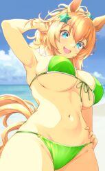 1girl animal_ears bikini blue_eyes blue_sky breasts cloud commentary day green_bikini hair_ornament hand_on_own_hip highres horse_ears horse_girl horse_tail kaicho_(kaicho_p) large_breasts ocean open_mouth orange_hair outdoors sky solo star_(symbol) star_hair_ornament swimsuit taiki_shuttle_(umamusume) tail umamusume