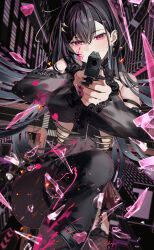 Rule 34 | 1girl, absurdres, aiming, aiming at viewer, black hair, black skirt, blood, broken glass, city, commentary, covered navel, diamond (shape), double-parted bangs, english commentary, garter straps, glass, glock, gun, hair between eyes, hair ornament, handgun, highres, holding, holding gun, holding weapon, kuroha arya, lace-trimmed sleeves, lace garter straps, lace trim, long eyelashes, pink blood, pink eyes, pleated skirt, signature, skirt, solo, virtual youtuber, vspo!, vspo! en, weapon, weapon request, zakimpo