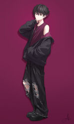 1boy absurdres black_hair black_jacket black_pants black_shoes bokuhakiyoshi closed_mouth cross cross_earrings cross_necklace ear_piercing earrings full_body highres jacket jewelry looking_at_viewer male_focus multicolored_hair necklace nijisanji off_shoulder open_clothes open_jacket pants piercing purple_eyes purple_hair red_background sakayori_soma shoes signature solo standing tank_top torn_clothes torn_pants virtual_youtuber