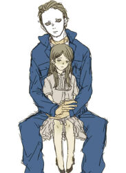 1boy 1girl 2012 age_difference brown_hair child halloween_(movie) height_difference hug jamie_lloyd komatta0 michael_myers older_man_and_younger_girl sitting size_difference uncle_and_niece white_background white_mask