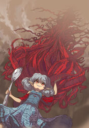 1girl asymmetrical_horns earrings hand_on_own_horn highres holding holding_spork horns huge_horns jewelry multiple_horns pointy_ears red_horns sharp_teeth solo spork syope teeth touhou toutetsu_yuuma tree_horns uneven_horns