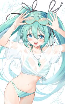 Rule 34 | 1girl, :d, absurdres, aqua bikini, arms up, bikini, blue eyes, blush, breasts, commentary request, cowboy shot, eyewear on head, gluteal fold, green hair, hair between eyes, halterneck, hatsune miku, highres, igayan, large breasts, long hair, looking at viewer, navel, open mouth, round eyewear, shirt, short sleeves, simple background, smile, solo, striped bikini, striped clothes, sunglasses, swimsuit, twintails, very long hair, vocaloid, wet, wet clothes, wet shirt, white background, white shirt