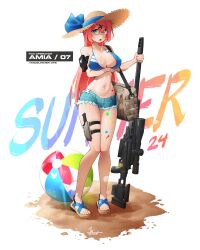 1girl :o absurdres arm_under_breasts artist_name bag ball beachball bikini bikini_top_only blue_bikini blue_bow blue_eyes blue_shorts bow breasts commentary cutoffs denim denim_shorts earphones english_commentary english_text eyes_visible_through_hair feet full_body furrowed_brow gun hair_ornament hair_over_one_eye halterneck hat hat_bow highres holding holding_gun holding_weapon jestami knees_together_feet_apart knife knife_sheath large_breasts lens_flare light_blush long_hair looking_at_viewer micro_shorts navel open_mouth original red_hair rifle sand sandals scope sheath shorts shoulder_bag signature skindentation sniper_rifle solo standing star_sticker sticker straw_hat swimsuit text_background thigh_sheath thigh_strap toes very_long_hair weapon weapon_request white_background x_hair_ornament