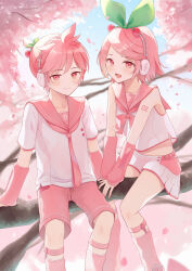 1boy 1girl absurdres alternate_eye_color alternate_hair_color blush bow bowtie cherry_blossoms closed_eyes hair_between_eyes hair_ornament hairclip headphones highres hisui_ame kagamine_len kagamine_rin long_hair midriff navel neckerchief necktie on_tree open_mouth pink_bow pink_bowtie pink_eyes pink_hair pink_nails pink_neckerchief pink_necktie pink_shorts pink_sleeves sakura_len sakura_rin shirt short_hair shorts skirt vocaloid white_shirt white_skirt