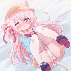 1girl animal_ear_fluff animal_ears arbiter1 azur_lane bell blue_shirt blush cat_ears cat_girl cat_tail ears_through_headwear hat highres kindergarten_uniform kisaragi_(azur_lane) knees_up long_hair long_sleeves looking_at_viewer mixed-language_commentary panties sailor_collar school_hat shirt skirt solo tail tail_bell tail_ornament thighhighs underwear white_panties white_sailor_collar white_thighhighs yellow_hat yellow_skirt