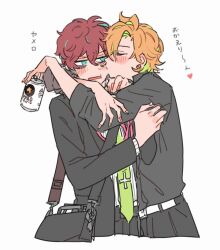 2boys :t ahoge aqua_eyes arms_around_neck asymmetrical_bangs bad_id bad_twitter_id bag bags_under_eyes beer_can belt black_pants black_shirt blonde_hair blush briefcase can collared_shirt cropped_legs curtained_hair drink_can drunk earrings fingernails green_necktie hair_between_eyes heart holding holding_can hug hypnosis_mic izanami_hifumi jacket jewelry kannonzaka_doppo kiss kissing_cheek long_sleeves looking_at_another looking_to_the_side male_focus mido_mokuzu multicolored_hair multiple_boys necktie no_vest open_mouth pants pinstripe_pattern pinstripe_shirt pushing_away red_hair salaryman shirt shirt_tucked_in short_hair shoulder_bag simple_background sketch sleeves_rolled_up spoken_heart streaked_hair suit_jacket sweatdrop tie_clip white_background white_belt white_shirt yaoi