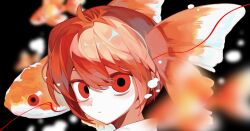 1girl alternate_costume alternate_hairstyle animal_background closed_mouth dark_background dilated_pupils expressionless feiwusheng fish goldfish hair_between_eyes highres kasane_teto looking_at_viewer portrait red_eyes red_hair shirt short_hair solo utau white_shirt
