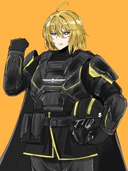 absurdres aged_up armor before_and_after black_armor blonde_hair blue_eyes chickenartist helldivers_(series) highres salute scar scar_on_face seaf_soldier_(helldivers) super_earth_salute_(helldivers)
