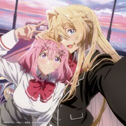 2girls :d album_cover amaori_renako black_jacket blazer blonde_hair blue_eyes blush bow bowtie braid breasts car clothes_around_waist cloud collared_shirt commentary_request cover dress_shirt grey_sweater hair_flowing_over hair_ornament hairclip hand_on_another&#039;s_head highres jacket long_hair long_sleeves looking_at_viewer medium_breasts motor_vehicle multiple_girls official_art open_mouth outdoors ouzuka_mai pink_hair purple_eyes reaching reaching_towards_viewer red_bow red_bowtie school_uniform selfie shirt short_hair sky smile sweater sweater_around_waist upper_body v very_long_hair watashi_ga_koibito_ni_nareru_wake_naijan_murimuri! water white_shirt x_hair_ornament