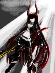 Rule 34 | 1girl, armored boots, belt, black gold saw, black rock shooter, black shorts, boots, breasts, highres, horns, jacket, king saw, long hair, lu zha36990, medium breasts, pale skin, red eyes, red hair, red horns, shorts, skeletal hand, solo, sword, weapon