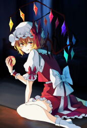 1girl apple blonde_hair bow crystal crystal_wings eating flandre_scarlet food frills fruit full_body hat hat_ribbon highres holding holding_food holding_fruit licking_lips looking_at_viewer mob_cap puffy_short_sleeves puffy_sleeves red_eyes ribbon short_hair short_sleeves side_ponytail sitting skirt socks solo tongue tongue_out touhou wakadori1234 wariza white_socks wings wrist_cuffs