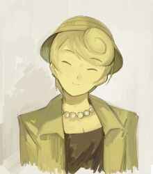Rule 34 | 1girl, bead necklace, beads, blonde hair, collared coat, cropped torso, highres, jewelry, kornod, looking at viewer, necklace, original, shirt, short hair, solo, straight-on, strapless, strapless shirt, upper body, white background