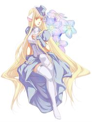 00s 1girl blonde_hair bridal_gauntlets brown_eyes chii chobits corset dress eflunn_(emilylunn) expressionless female_focus flower full_body hair_spread_out hat highres lace long_hair looking_away mini_hat mini_top_hat no_shoes puffy_short_sleeves puffy_sleeves purple_dress robot_ears short_sleeves sitting solo thighhighs top_hat very_long_hair white_background white_thighhighs