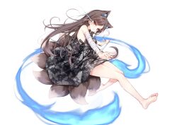 &gt;:) 1girl animal_ear_fluff animal_ears bandaged_arm bandages bare_legs bare_shoulders barefoot beliatan black_dress breasts brown_hair brown_tail commentary dress earrings floral_print fox_ears fox_girl fox_tail hand_up highres jewelry long_hair looking_at_viewer multiple_tails original red_eyes simple_background single_earring small_breasts smile solo symbol-only_commentary tail v-shaped_eyebrows white_background