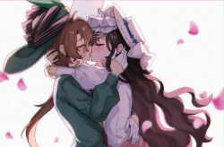 2girls arms_around_neck black_hair brown_hair closed_eyes dress eyewear_strap falling_petals from_side glasses gloves green_hat green_jacket haihaiera hand_on_another&#039;s_back hand_on_another&#039;s_head hat highres hug isolde_(reverse:1999) jacket juliet_sleeves kakania_(reverse:1999) kiss long_hair long_sleeves low_ponytail multiple_girls petals ponytail puffy_sleeves reverse:1999 round_eyewear upper_body veil very_long_hair white_background white_dress white_gloves white_hat white_veil yellow_gloves yuri