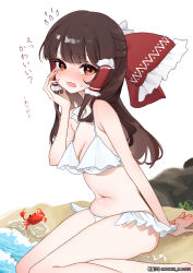 1girl absurdres arm_behind_back arm_support asaka_haru123 bare_arms bare_legs barefoot beach belly bikini blunt_bangs blush bow breasts brown_eyes brown_hair cleavage commentary_request crab double-parted_bangs embarrassed feet_out_of_frame frilled_bow frilled_hair_tubes frills hair_bow hair_tubes hakurei_reimu hand_on_own_cheek hand_on_own_face hand_up highres long_hair looking_at_viewer looking_to_the_side medium_breasts navel open_mouth red_bow sitting solo swimsuit touhou translation_request very_long_hair water yokozuwari